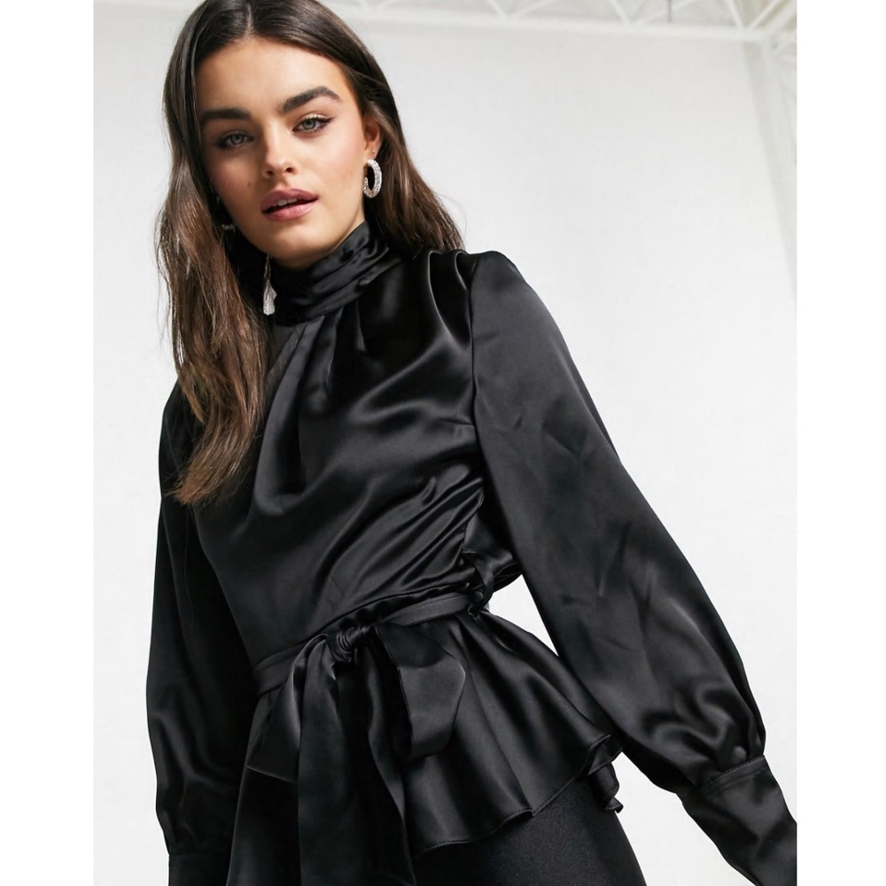 River Island tie waist gathered satin blouse in black
